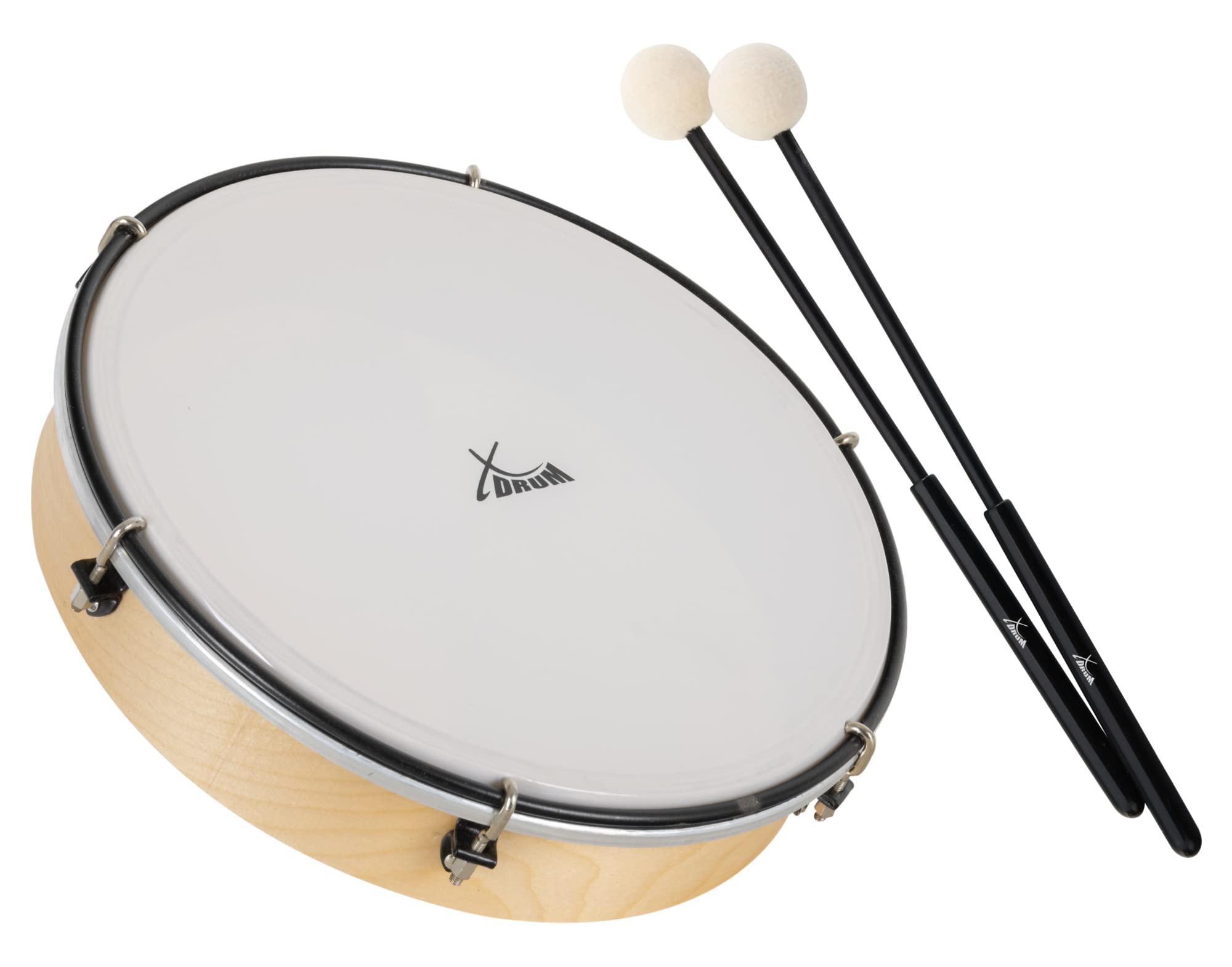 XDrum HTM-10K Tambourin 10" avec Ensemble de Baguettes, Diamètre: 10" (25 | 4 cm), Peau robuste en polyester, Cadre en érable, 6 crochets pour accorder le tambourin, Poignée ergonomique, Hauteur: 6 cm