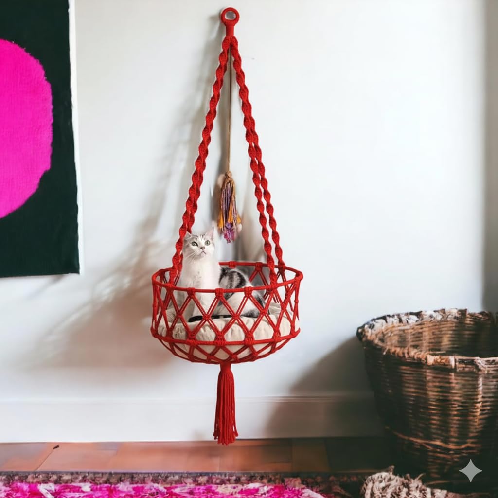 Cat Hammock for Pets, Macramé pet Bed, Boho Hanging Pet Bed, Macramé Hammock Swing, Cat Gift, Pet Furniture Pet Hammock Without Any Pillow Color: Red-image-27