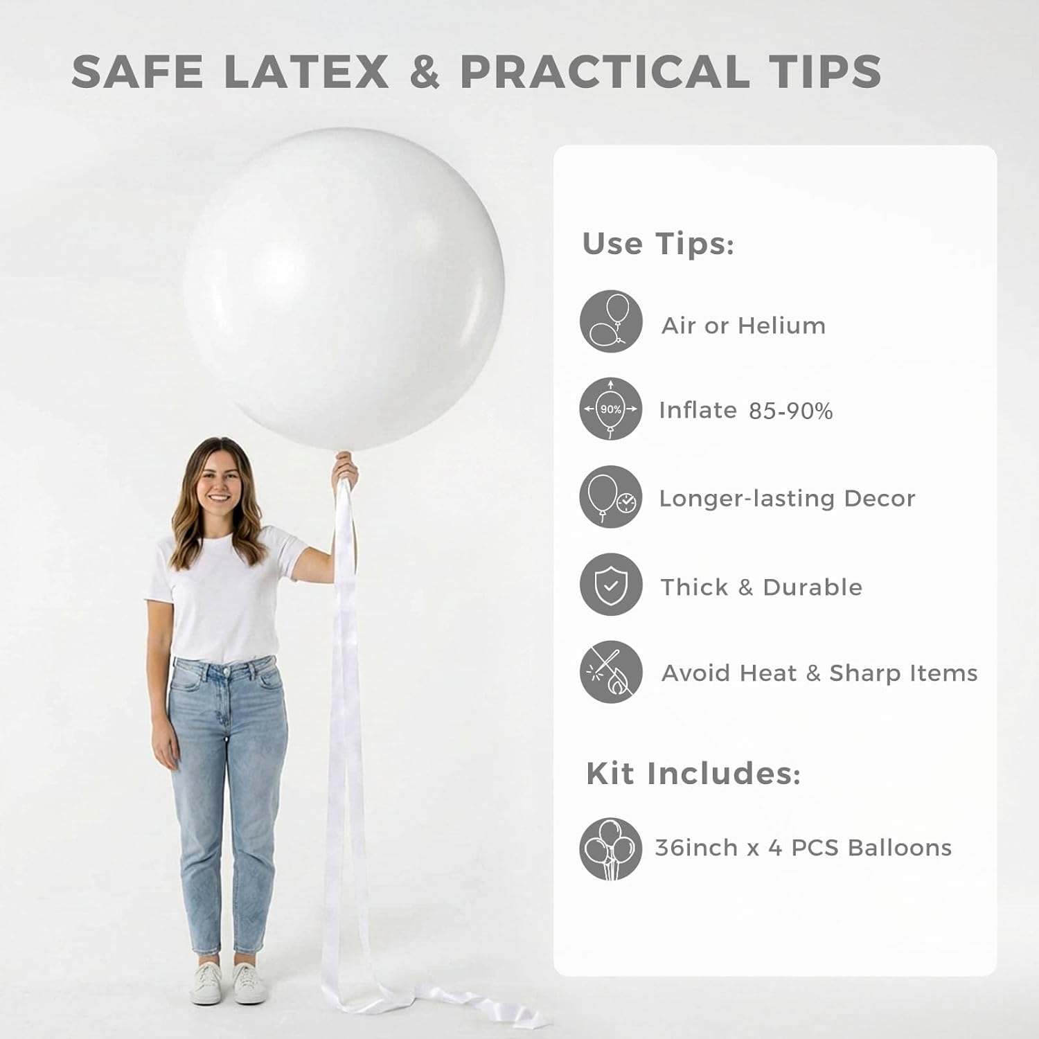 LovesTown 4PCS Large 36 Inch White Balloons, White Latex Big Balloons for Birthday Baby Shower Graduation Engagement Anniversary Wedding Party Supplies