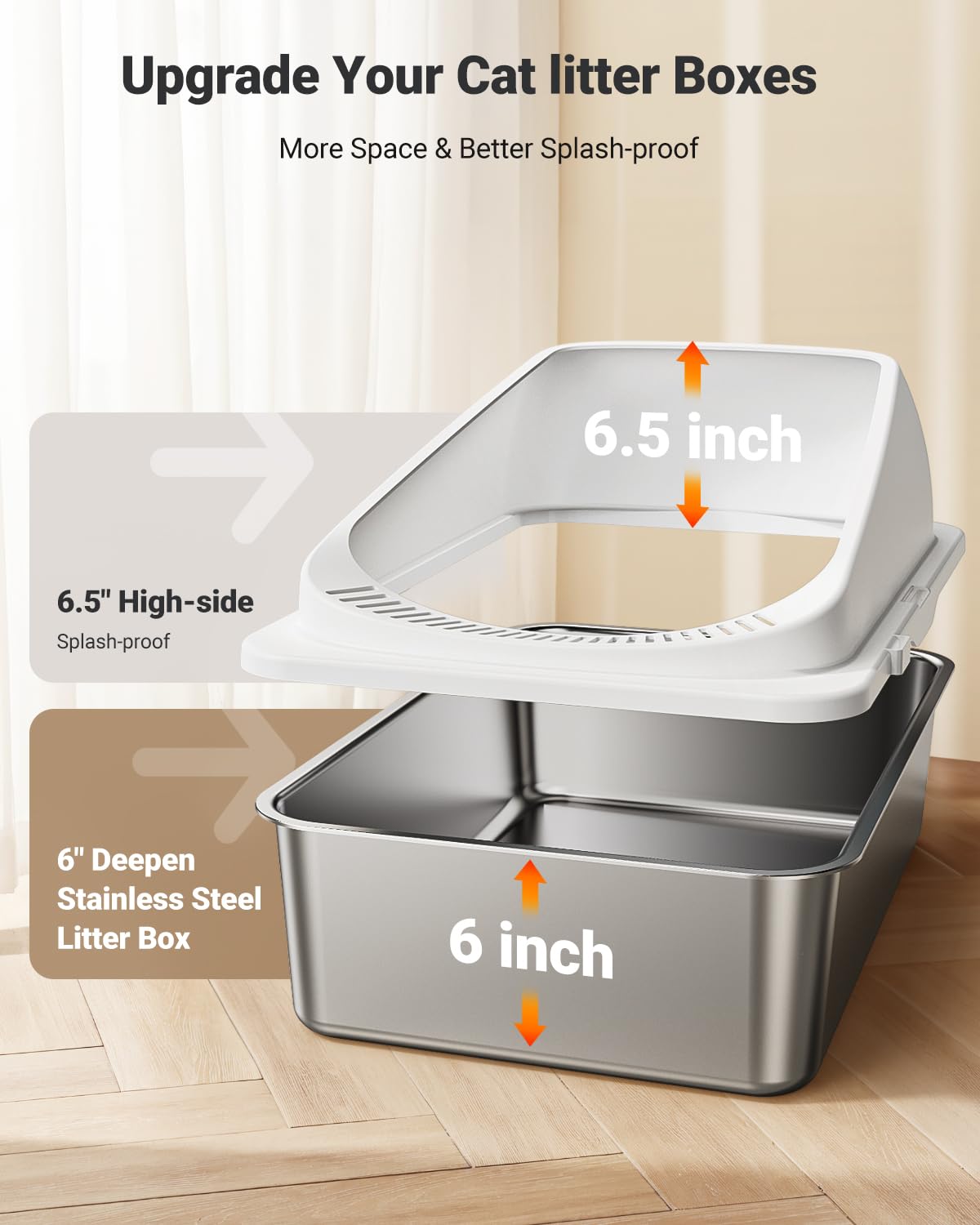 2 Pack Stainless Steel Cat Litter Box with High Sides Lid, XL Extra Large Metal Litter Box for Large Kitty and Multi-Cats, Anti-Urine Leakage, Non-Sticky, Include Scoop and Mat (Black＆White) - image 3