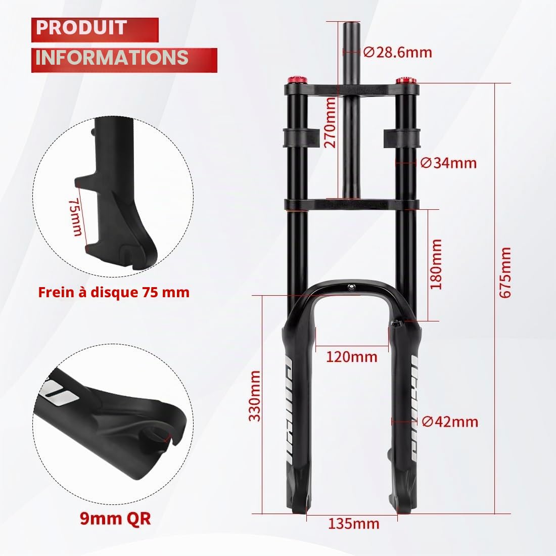 Fourche à pneu 20 x 4,0 pour vélo électrique BMX - Fourche avant conique - Frein à disque droit 120 mm avec réglage d'amortissement - QR 135 x 9 mm - 2,6 kg