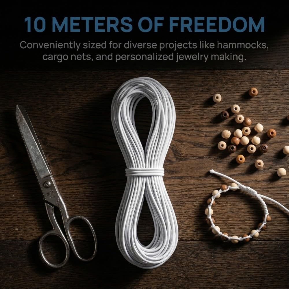 10m 4mm Elastic Bungee Cord – Shock Resisting Tie Down Rope for DIY Craft, Camping Gear, and Outdoor Equipment White