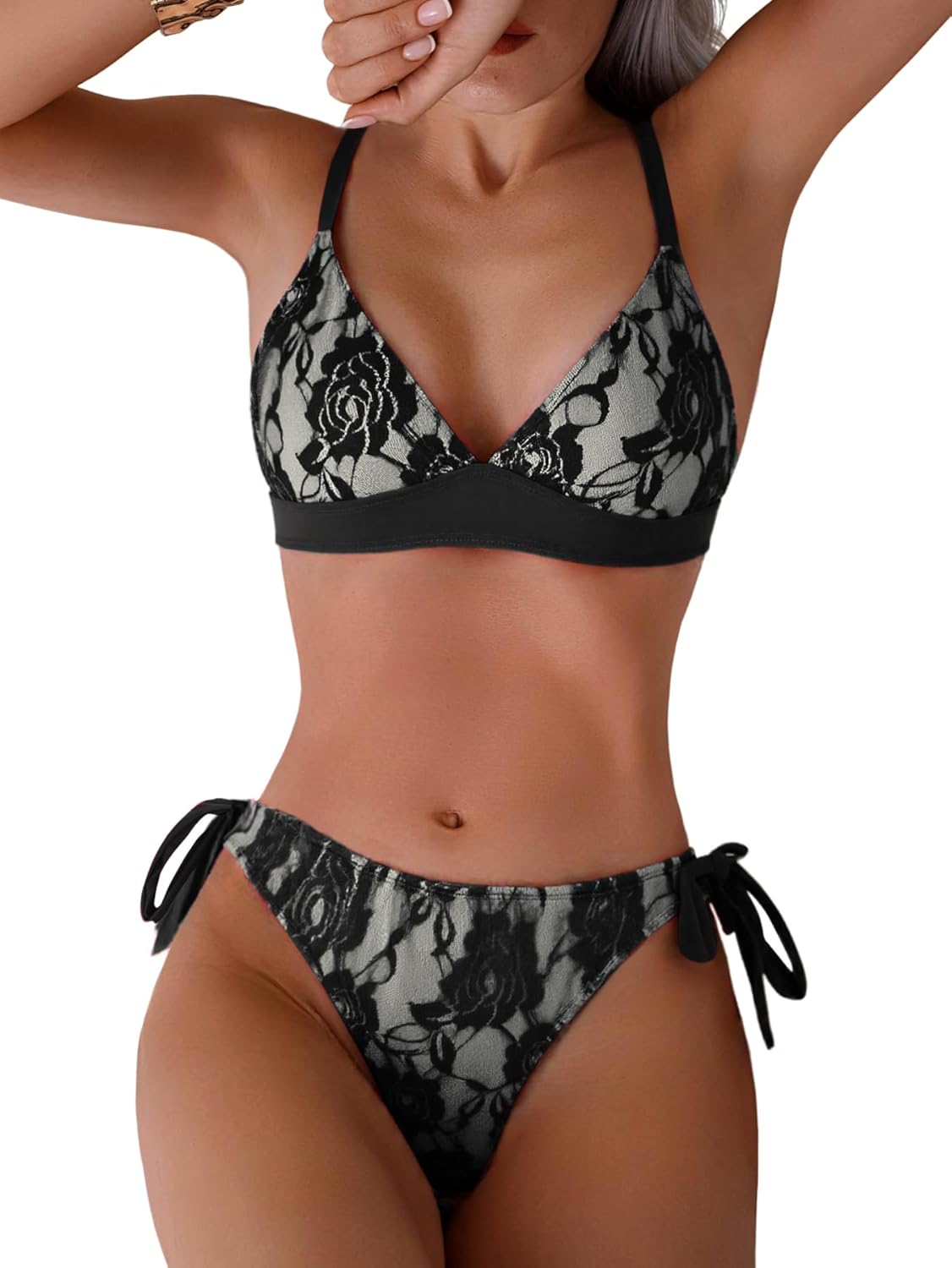 seamoly 2 Pieces Lace Bikini V-Neck Swimsuits for Women Tie Side Bikini Set Classic Black L - Image 2