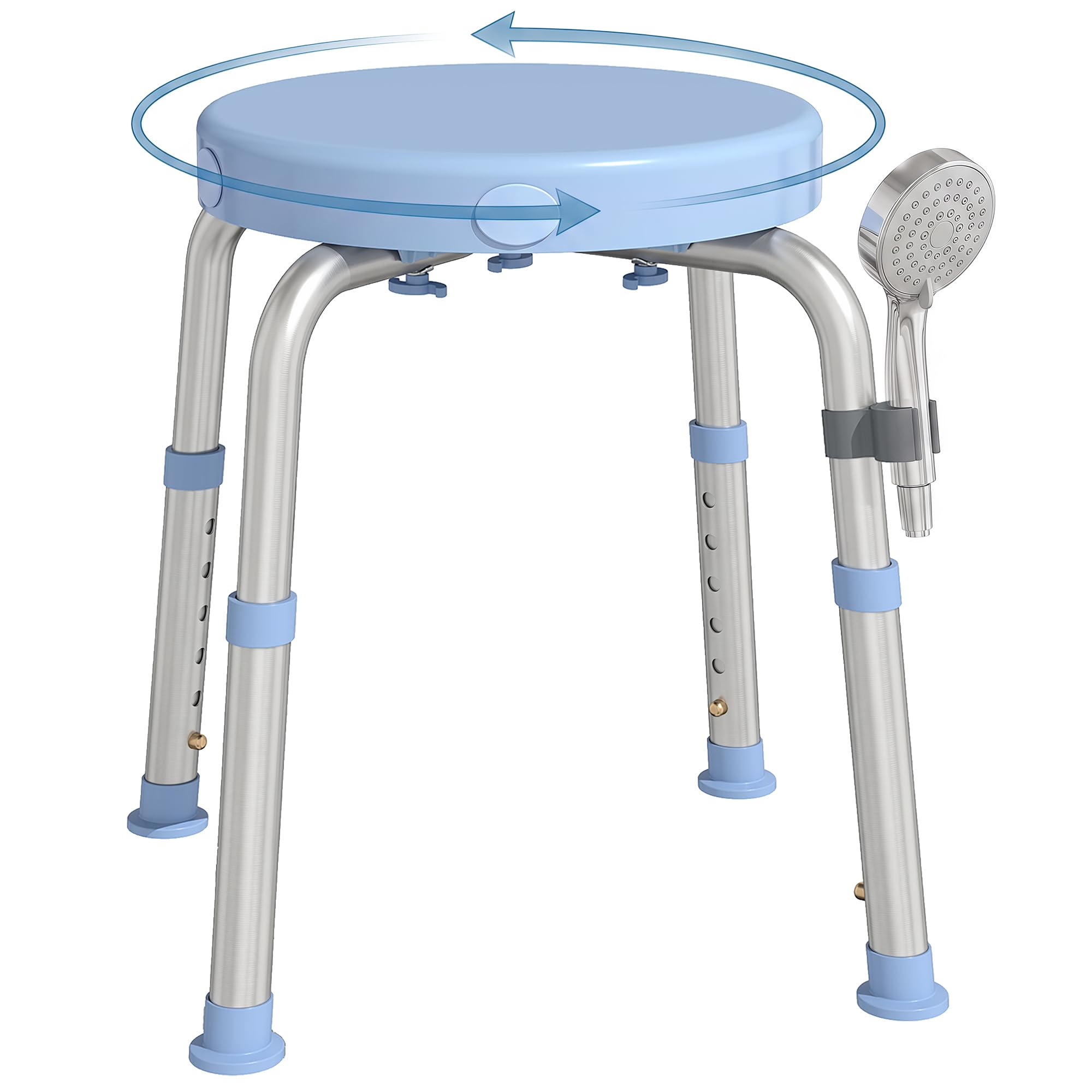 HOMCOM Silla Ducha Personas Mayores Giratorio 360° con Marco Aluminio | Taburete Ducha, Altura Regulable 5 Niveles, Antideslizante, Silla de Baño, Montaje Sin Herramientas, Carga 136 kg