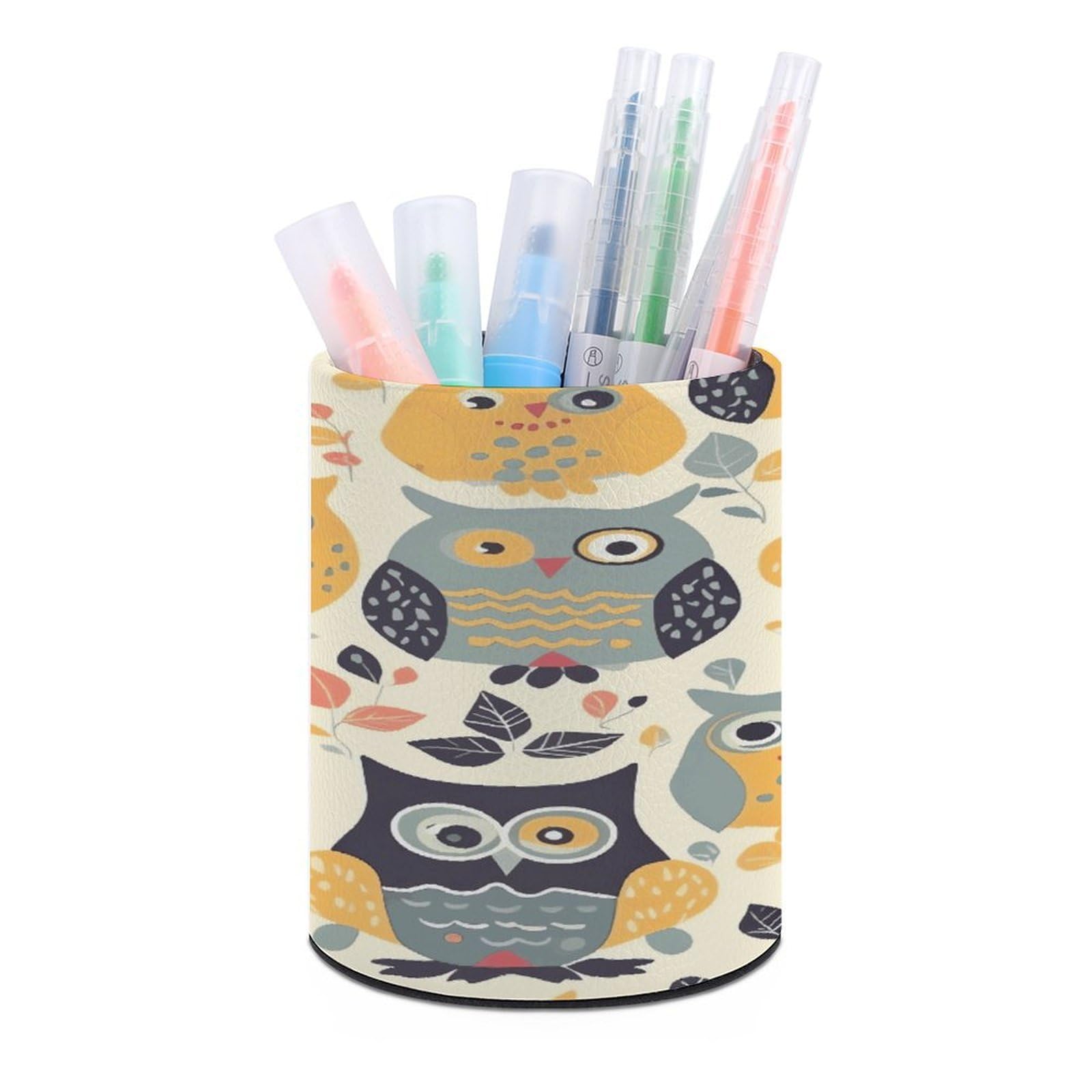 VstaDank - Round Pencil Holder Cartoon Owls Animal Owl Design Desk Organizer PU Leather Desk Organizer Stand for Desk Decoration
