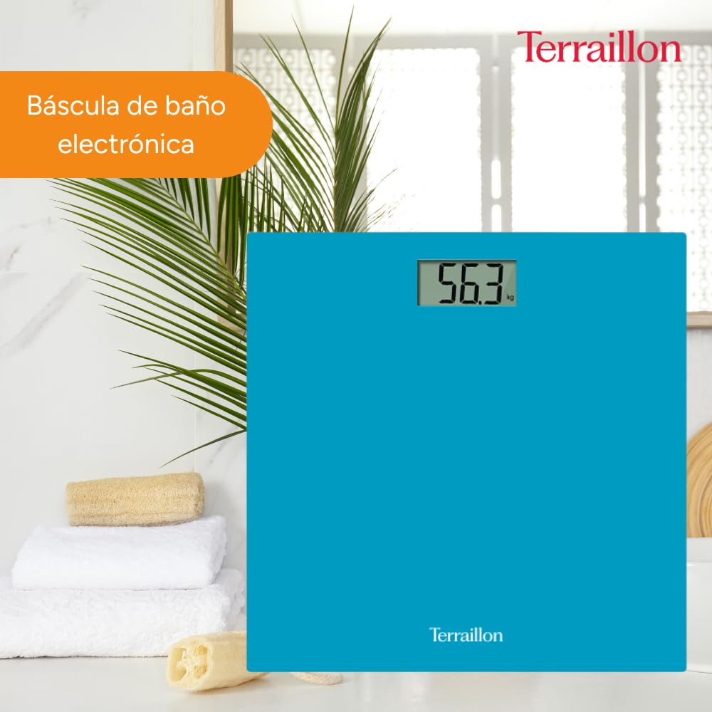 TERRAILLON - Báscula de baño electrónica - Ultraplana, Encendido/Apagado automático, Gran pantalla LCD, 150kg - TX1500, Azul