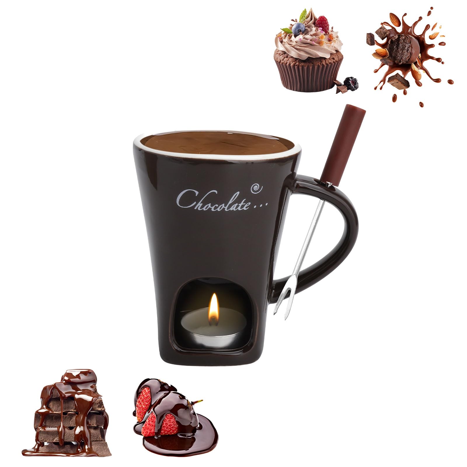 Taza de cerámica para fondue de chocolate, 130 ml, con portavelas y tenedores, fondue de chocolate, juego de fondue de chocolate, juego de fondue de chocolate, cazo para chocolate y queso, mantequilla