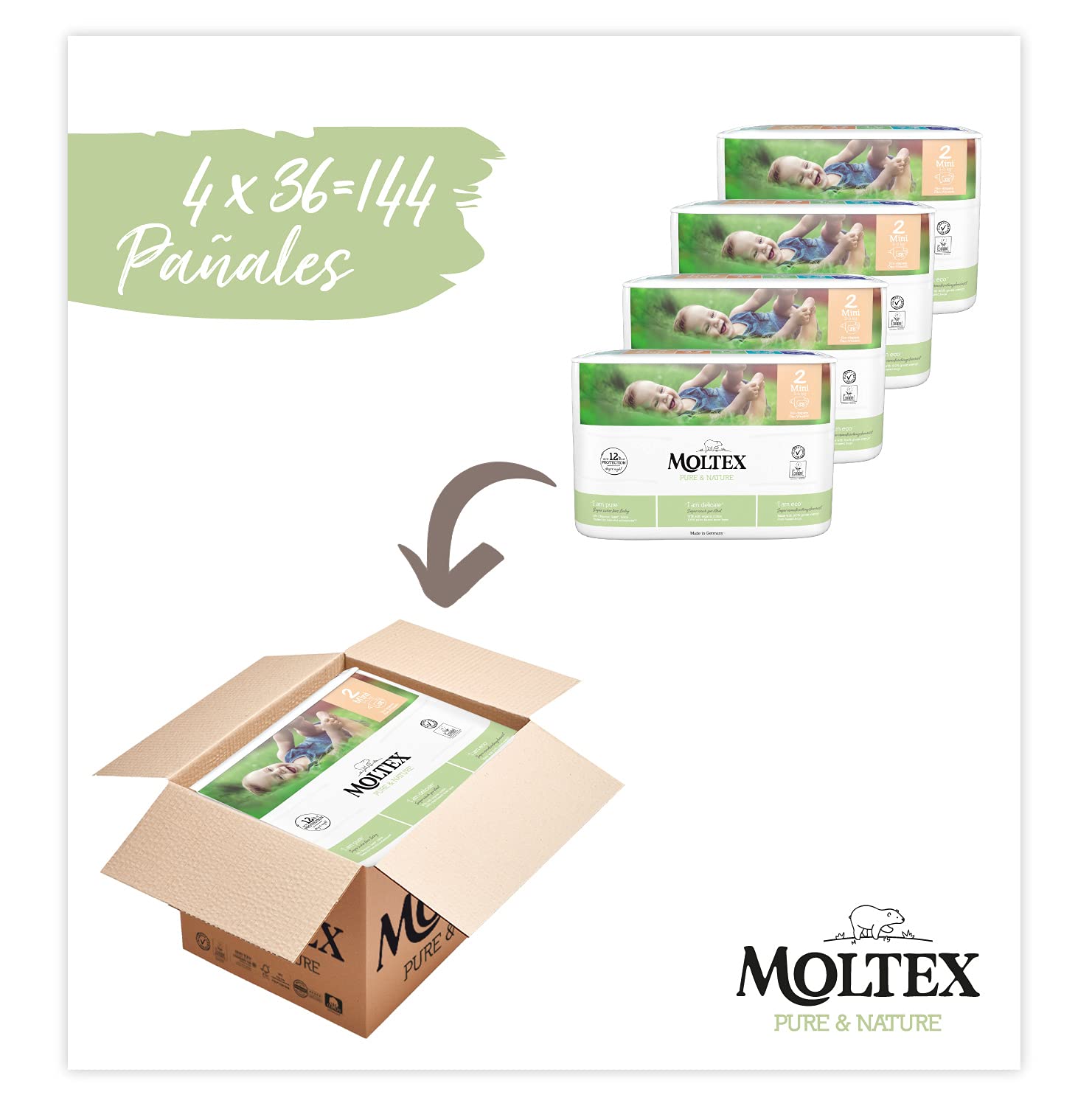 Moltex Pure & Nature Pieluchy ekologiczne rozmiar 2 (3-6 kg) – 144 pieluchy, opakowanie może się różnić