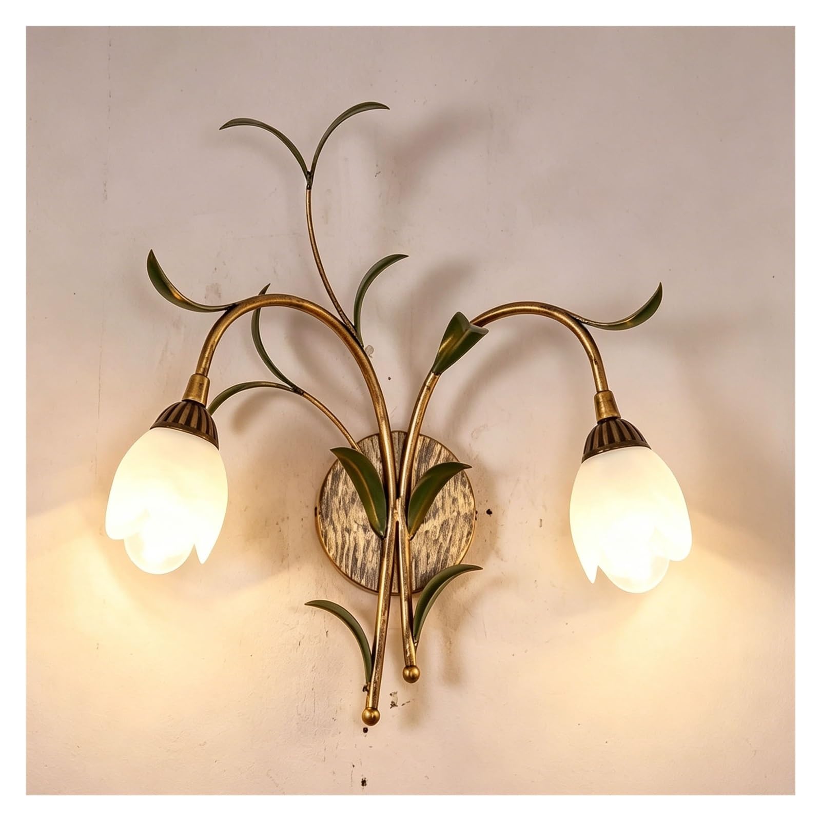 LUOYAOB Mid Century Gold Floral Wall Sconce Vintage Iron Glass Flower Wall Light Fixture for Bedroom Living Room Hallway Dining Cafe Ambient Wall Mounted Light Left Side Version(2LIGHT)
