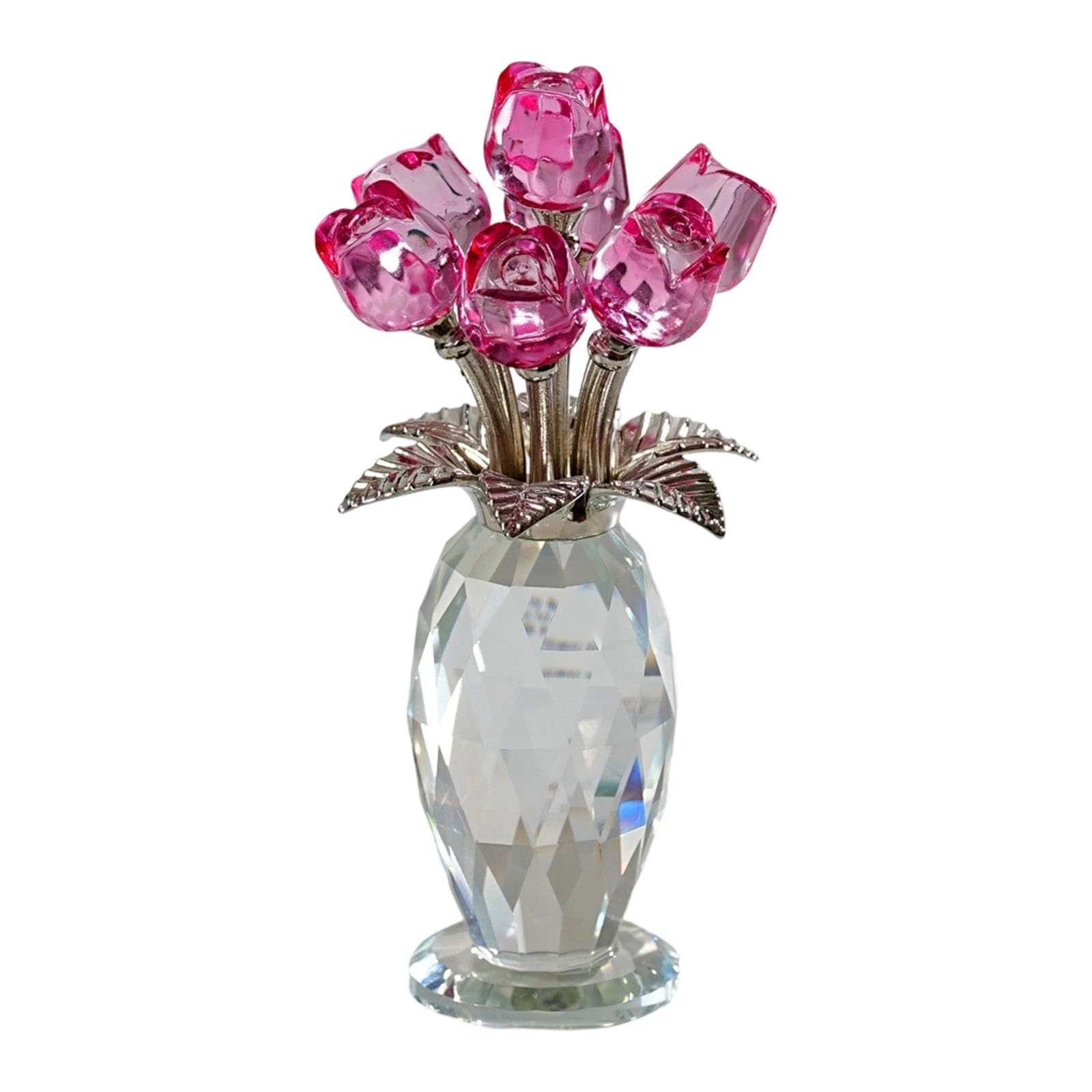 Crystal Rose Flower Figurine with Base, Glass Bouquet Women Girlfriend Wife Home Table Decorations Glass Bouquet with Vase Ornament