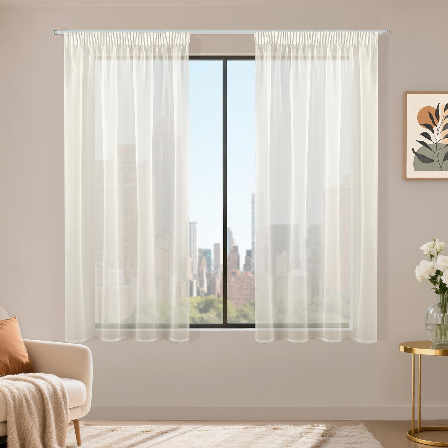 Runyéla Stores Gardinen mit Kräuselband 2er Set, Voile Schiebegardinen 145 x 140 (HxB), Transparent Gardine, Vorhang Beige, Vorhänge für Wohnzimmer Schlafzimmer Sheer Curtain