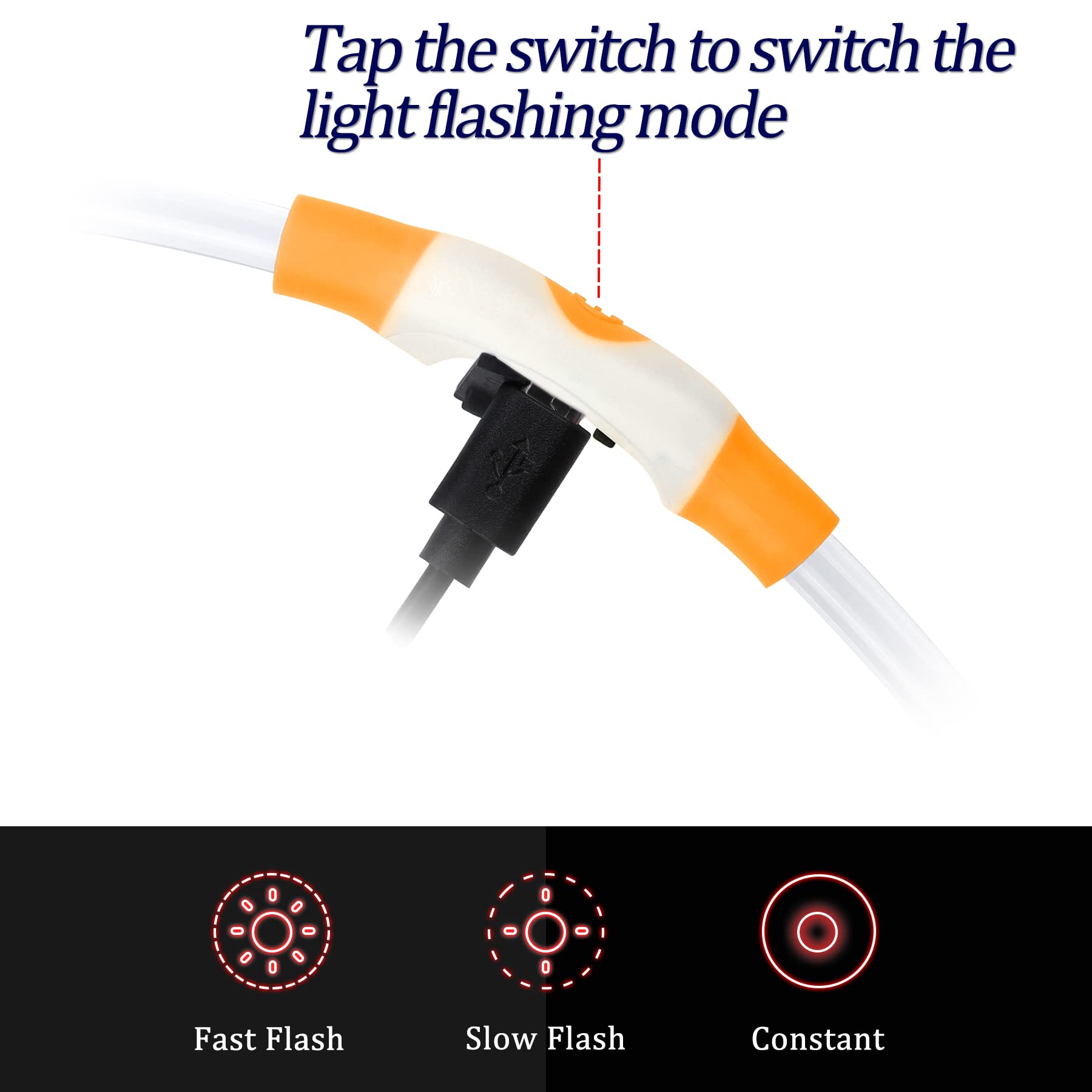 Coolzon Collare Luminoso per Cani USB Ricaricabile, Collare Cane Luminoso Impermeabile con 3 Modalità Di Luce, Regolabile Collare LED per Cani Gatti Taglia Piccola Media Grande, Arancia