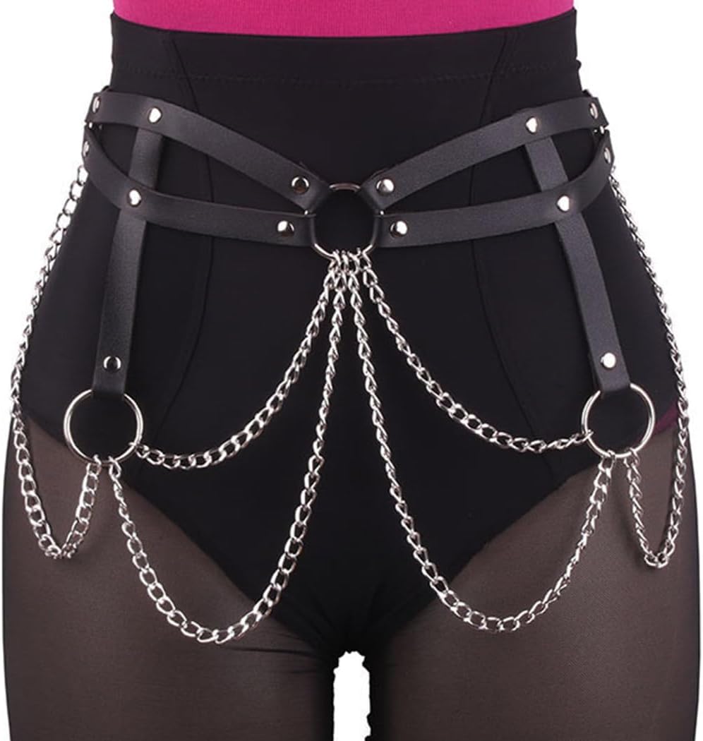 Punk Waist Chain Belt Black Leather Body Chain Fashion Goth Rave Accessories for Women