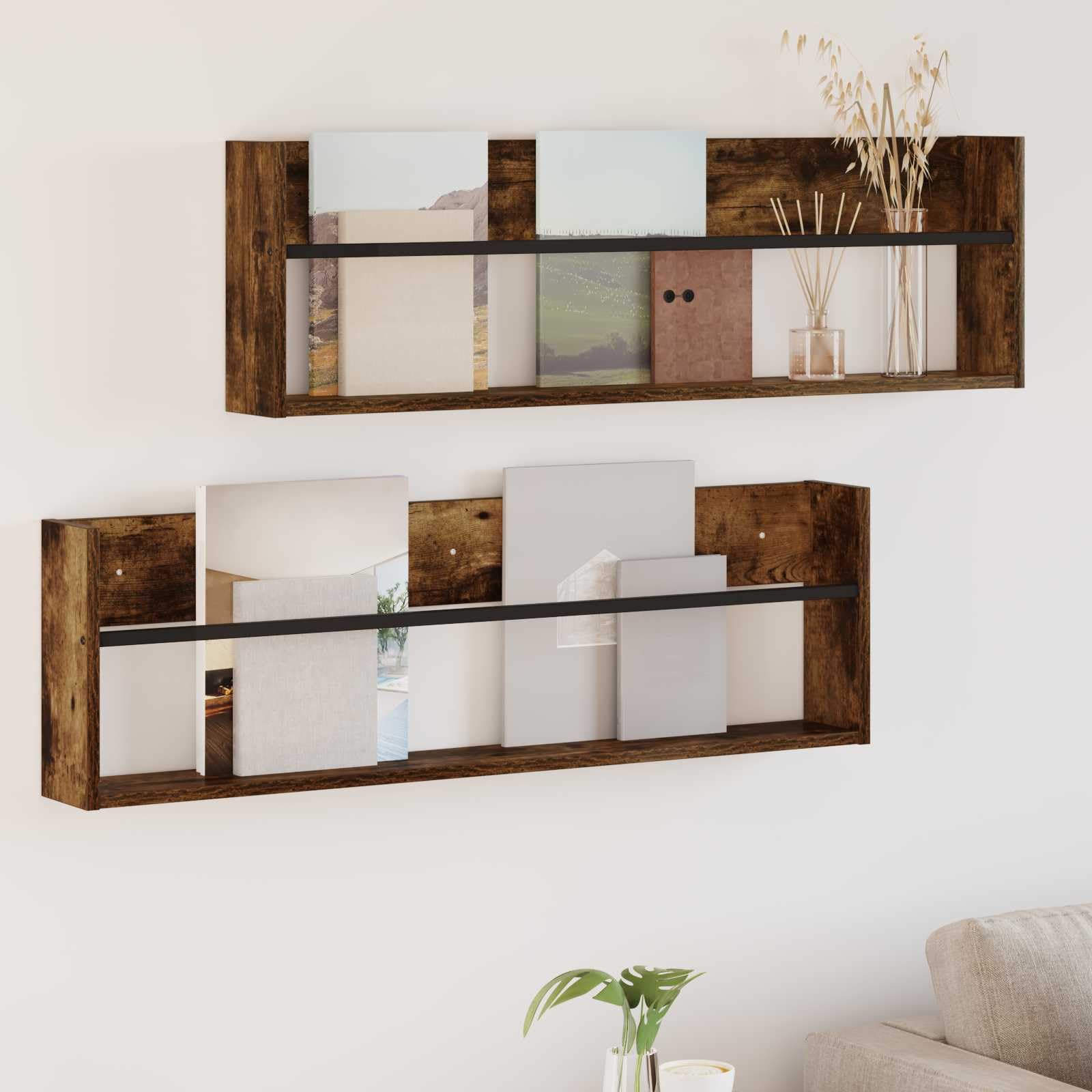 Magazinregal 2 Stück in Geräucherter Eiche aus Holzwerkstoff 100 x 12 x 30 cm mit Wandmontage, vielseitiger Zeitschriftenhalter für Wohnzimmer, Büro und Leseecke
