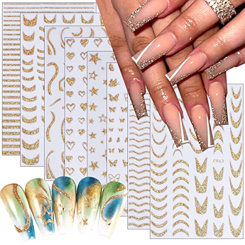 8Pcs French V-Shaped Sparkly Glitter French Line Nail Stickers Reflective Glitter Gold Broken Diamond Shiny Star Heart Butterfly Swirl Stripe Lines Nail Design Sticker Decals For Manicure Decoration #TOP21