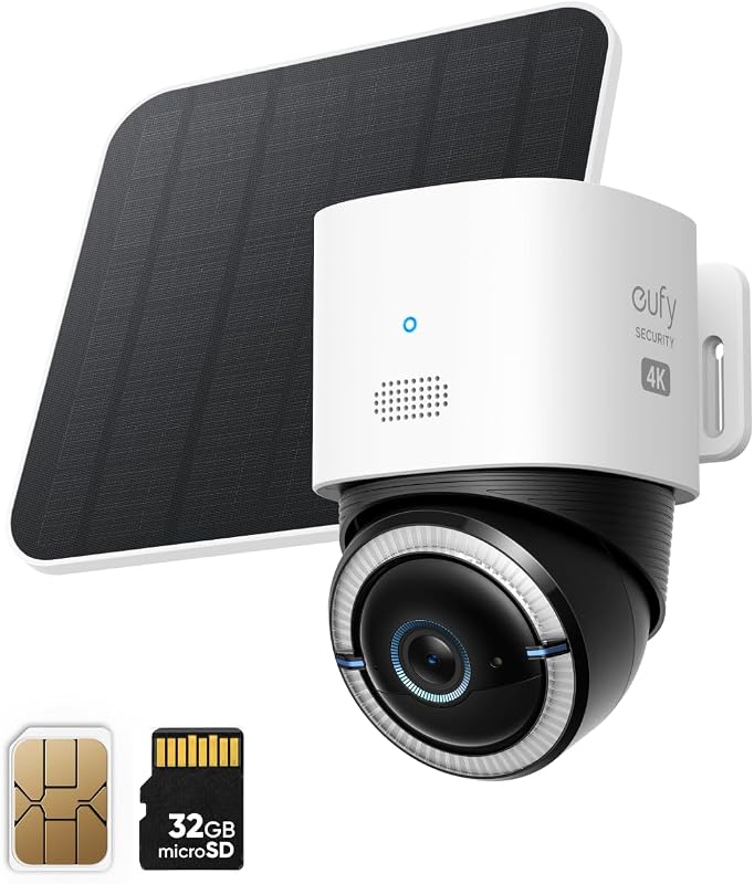 eufy Security 4G LTE Cam S330, cámara de seguridad inalámbrica celular 4K, giro e inclinación, energía solar, seguimiento humano/vehículo AI, con tarjeta SIM y tarjeta SD de 32 GB. (Renovado)