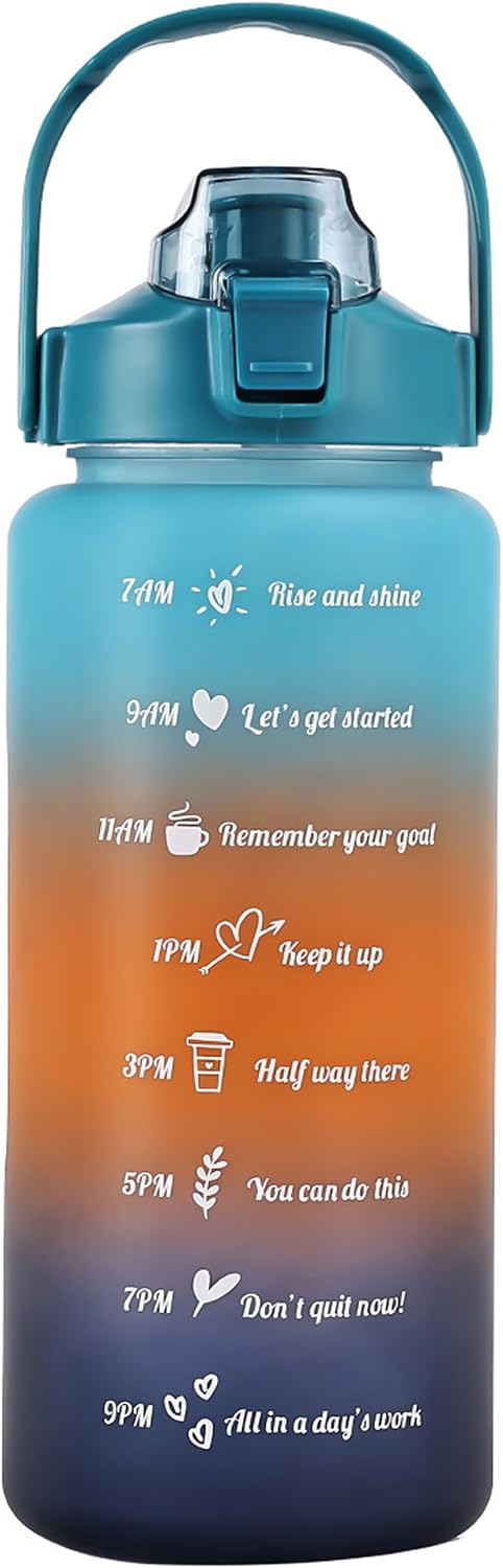 64 oz Motivational Water Bottle with Straw & Time Marker, Large BPA Free Leakproof Water Jug, Half Gallon Sports Water Bottle for Gym, Fitness, Hiking & Outdoor (Blue)