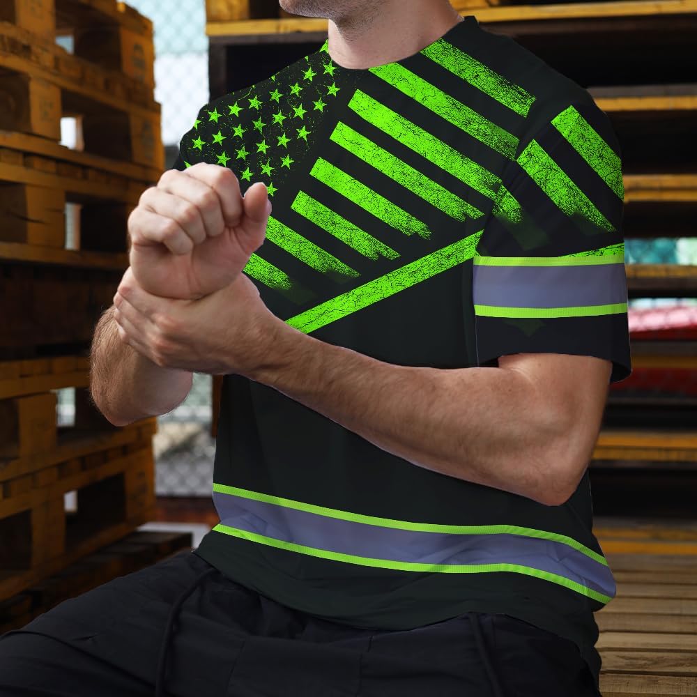 Maddly High Visibility Shirt American Flag Reflective Safety Shirt, Custom Name Workwear for Workers, Runners, Patriotic
