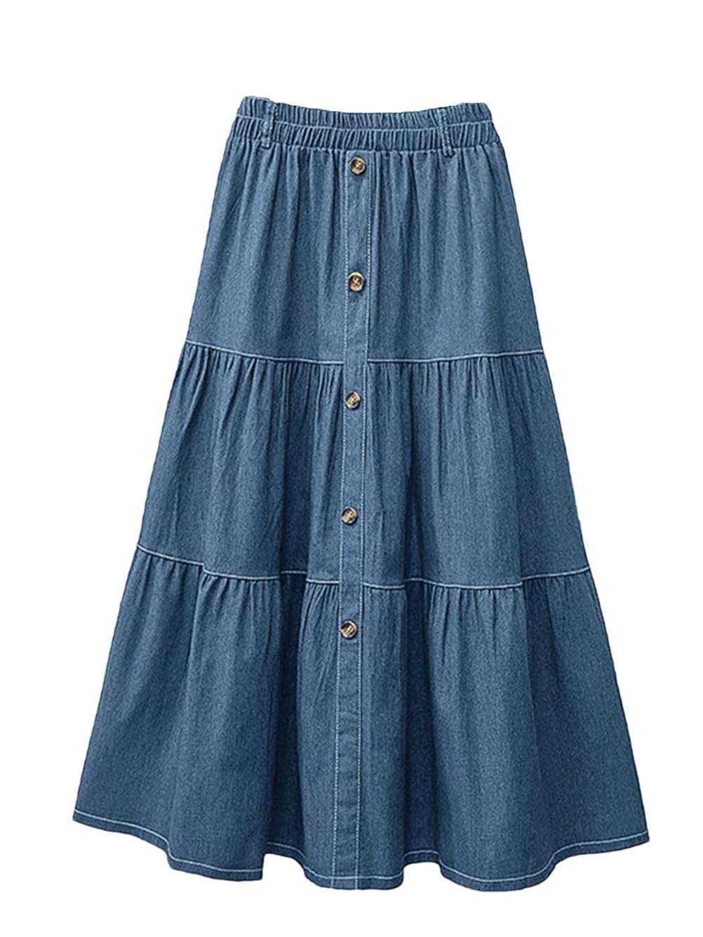 Jupe en denim bleu uni avec taille élastique pour femme - Jupe trapèze décontractée et ample pour le travail