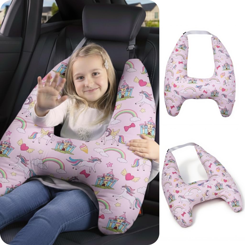 eaonitu Travel Pillow Car Cushion for Kids 6 Years Old+ Shoulder Neck Back Support & Seat Belt Comfort, Road Trip Cozy Sleeping Gift for Young