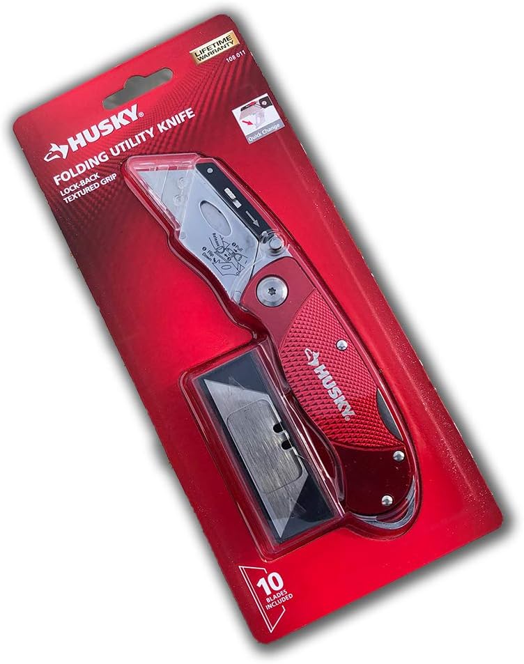 HUSKY Folding Utility Knife Lock Back/TESTURED Grip Color RED