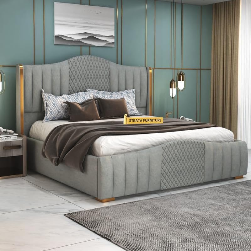 STRATA FURNITURE Solid Wood King Size Bed with Box Storage & Upholstered Headboard | Wooden Double Bed Cot Palang for Bedroom, Home, Hotel & Guest Room Furniture (Grey)-image-32