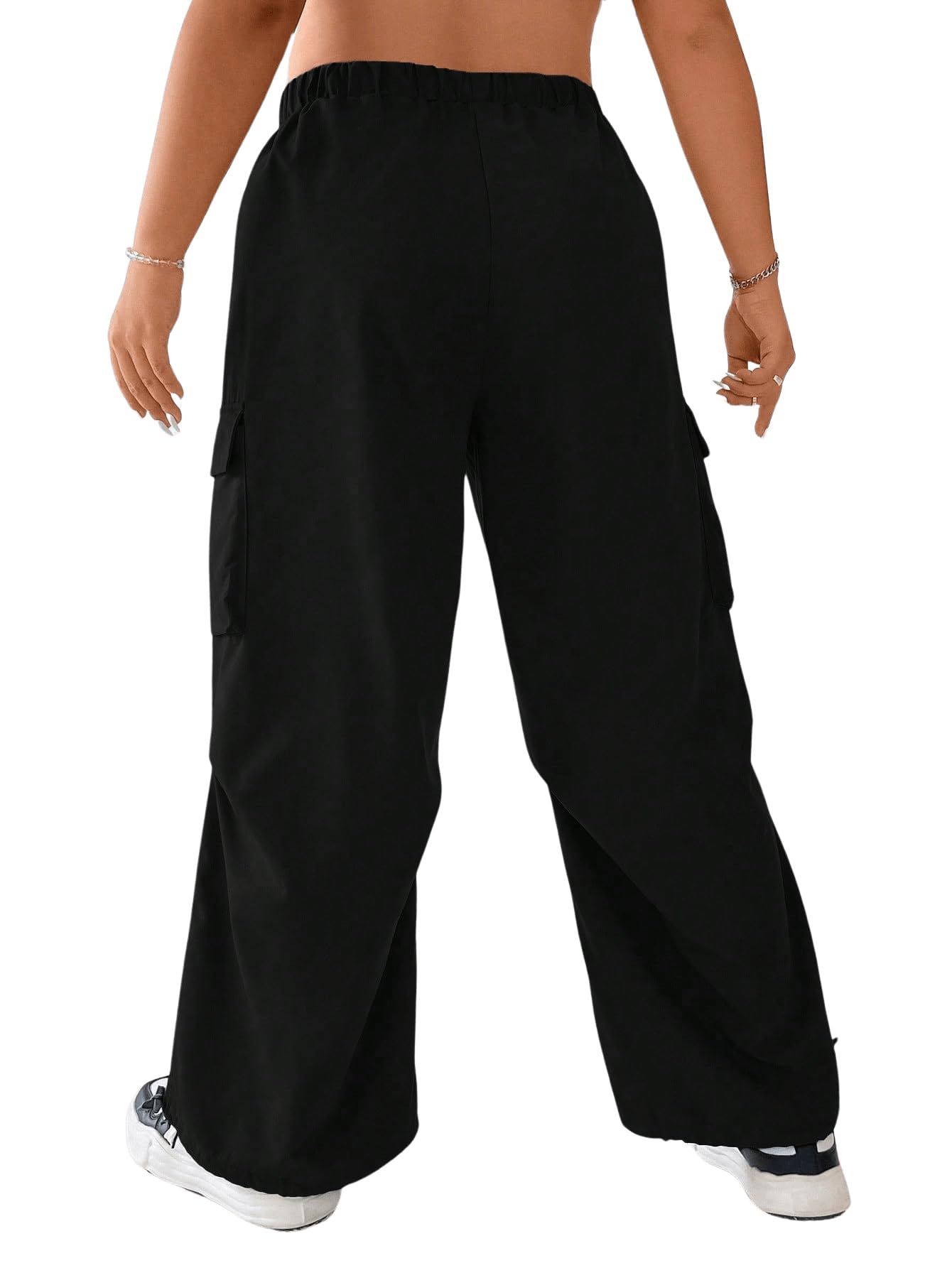OYOANGLE Women's Plus Size Elastic High Waist Flap Pocket Cargo Pants Streetwear Loose Baggy Trousers with Pocket
