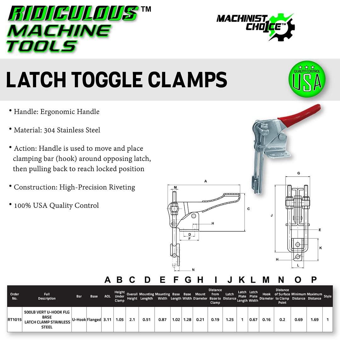 500LB VERTICAL U-HOOK FLG BASE LATCH CLAMP STAINLESS STEEL