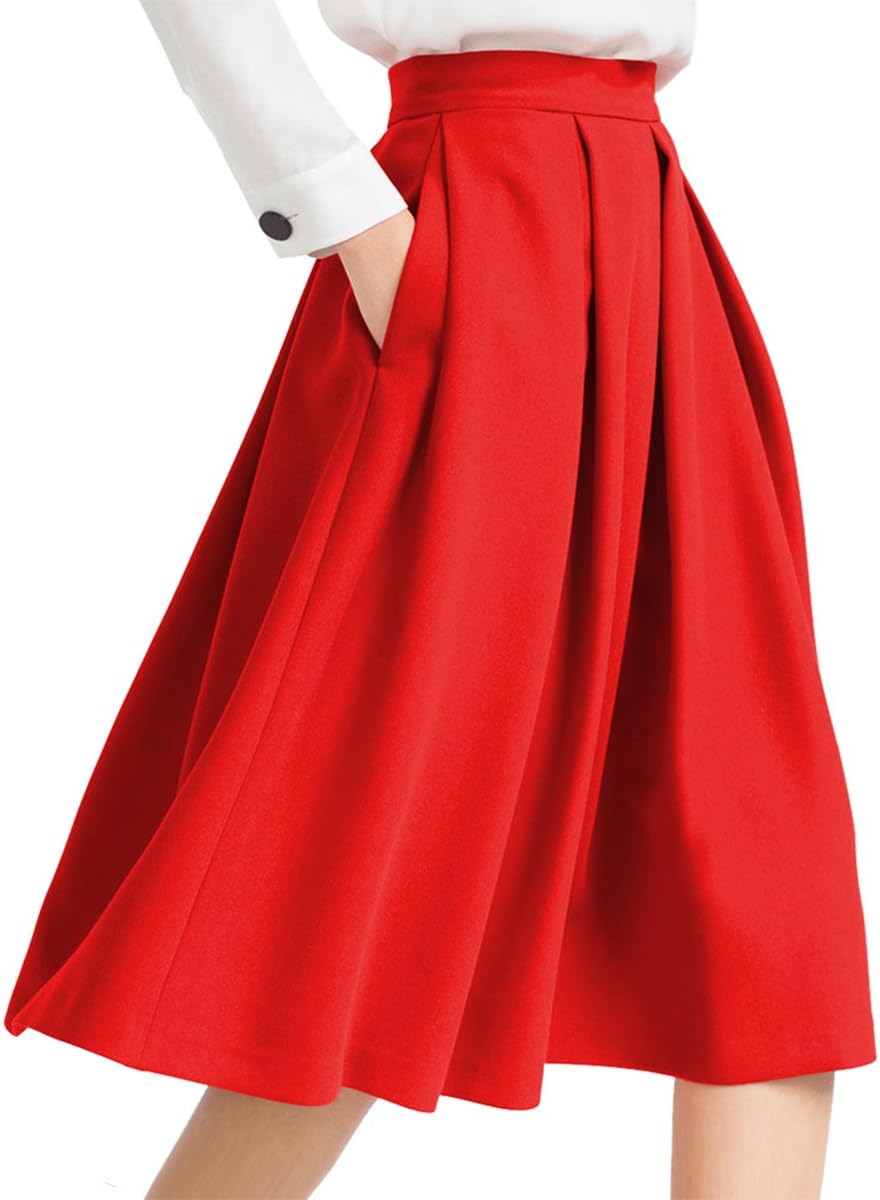 yige Women's High Waisted A Line Skirt Skater Pleated Full Midi Skirt Red US4