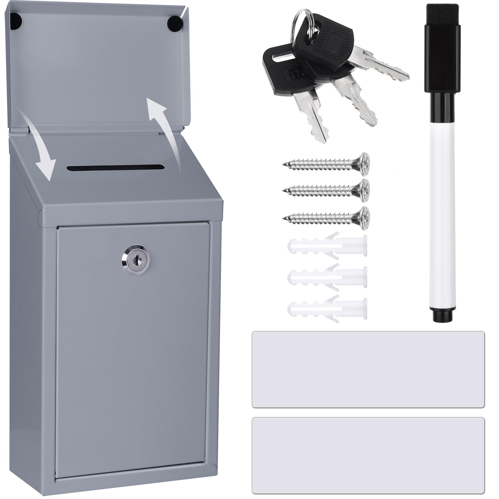 Caja de donación de metal, caja de colección de acero benéfico, buzón seguro con ranura superior y cerradura con llaves, soporte de pared, buzón impermeable para oficina en casa (gris, 10.2 x 5.7 x