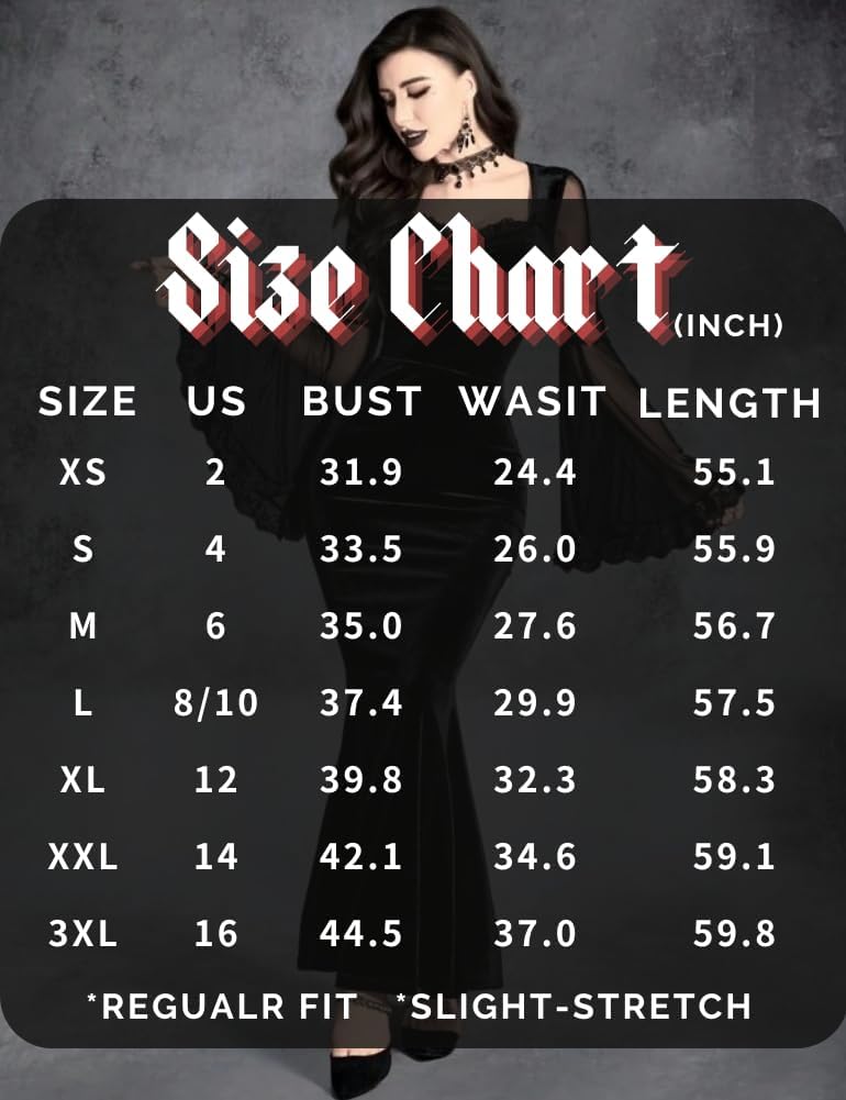 LANSHULAN Gothic Contrast Mesh Flounce Sleeve Velvet Mermaid Hem Dress Clothes - Image 4