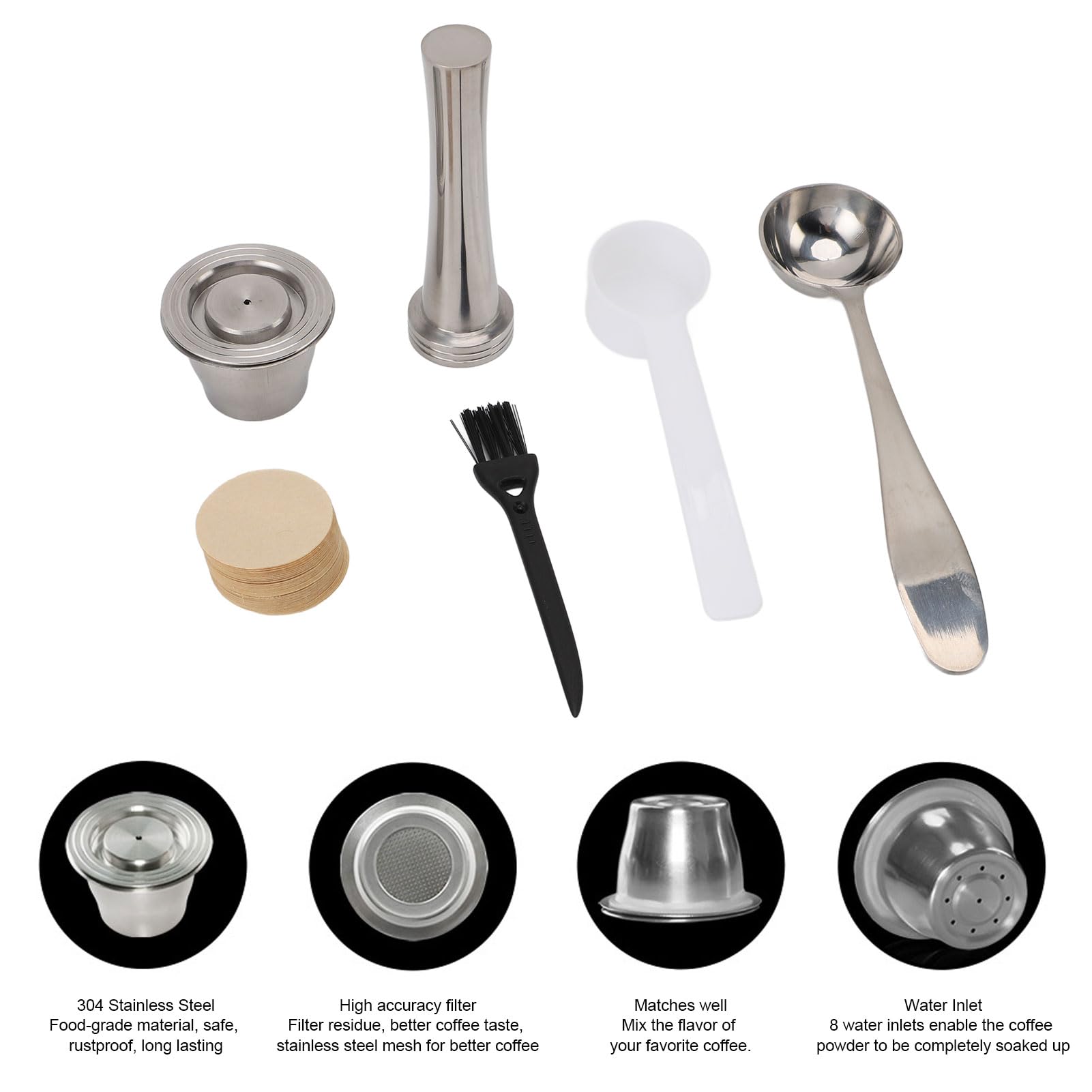 Cápsula de café reutilizable, juego de manipulación de café de acero inoxidable con 100 papeles de filtro, 2 cucharas, cepillo para uso en el hogar y la oficina, material de acero