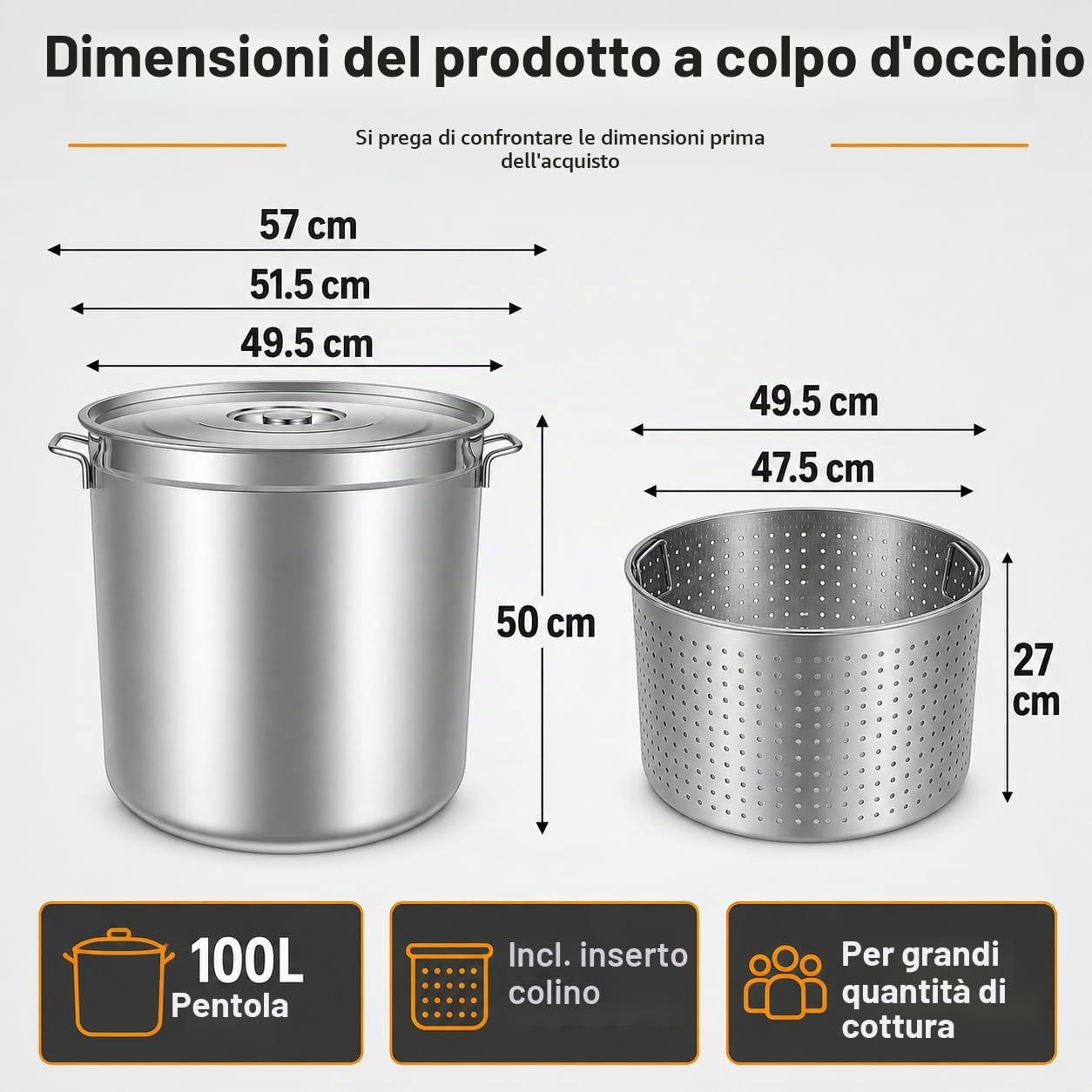 Pentola da 100 l, con coperchio e cesto, in acciaio inox, con cestello