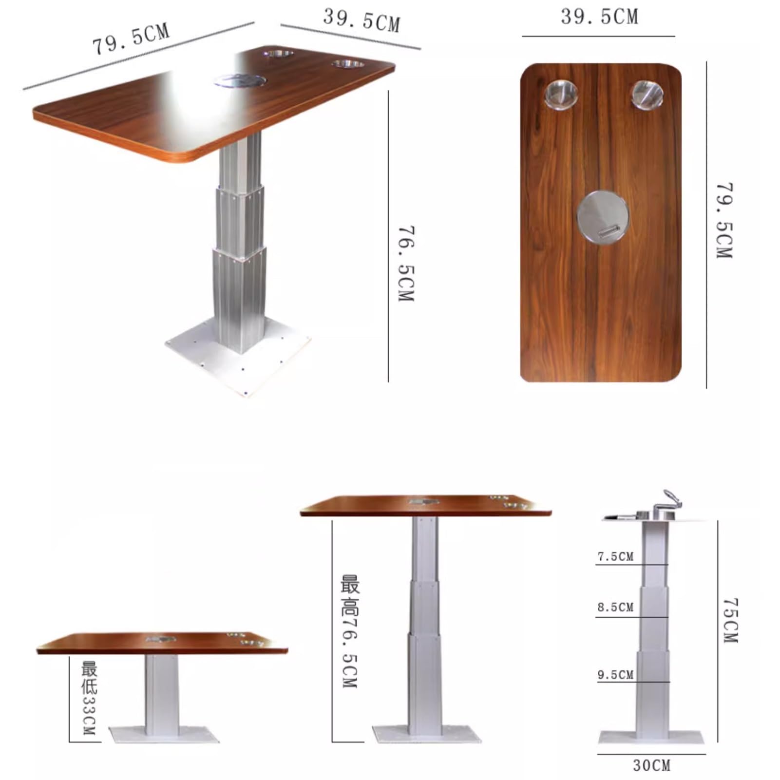Mesa Plegable for Autocaravana, Mesas Telescópicas Ajustables for Autocaravana, Patas de Pedestal de Aleación de Aluminio, Patas de Barra Elevadora, con 2 Portavasos(Brown)