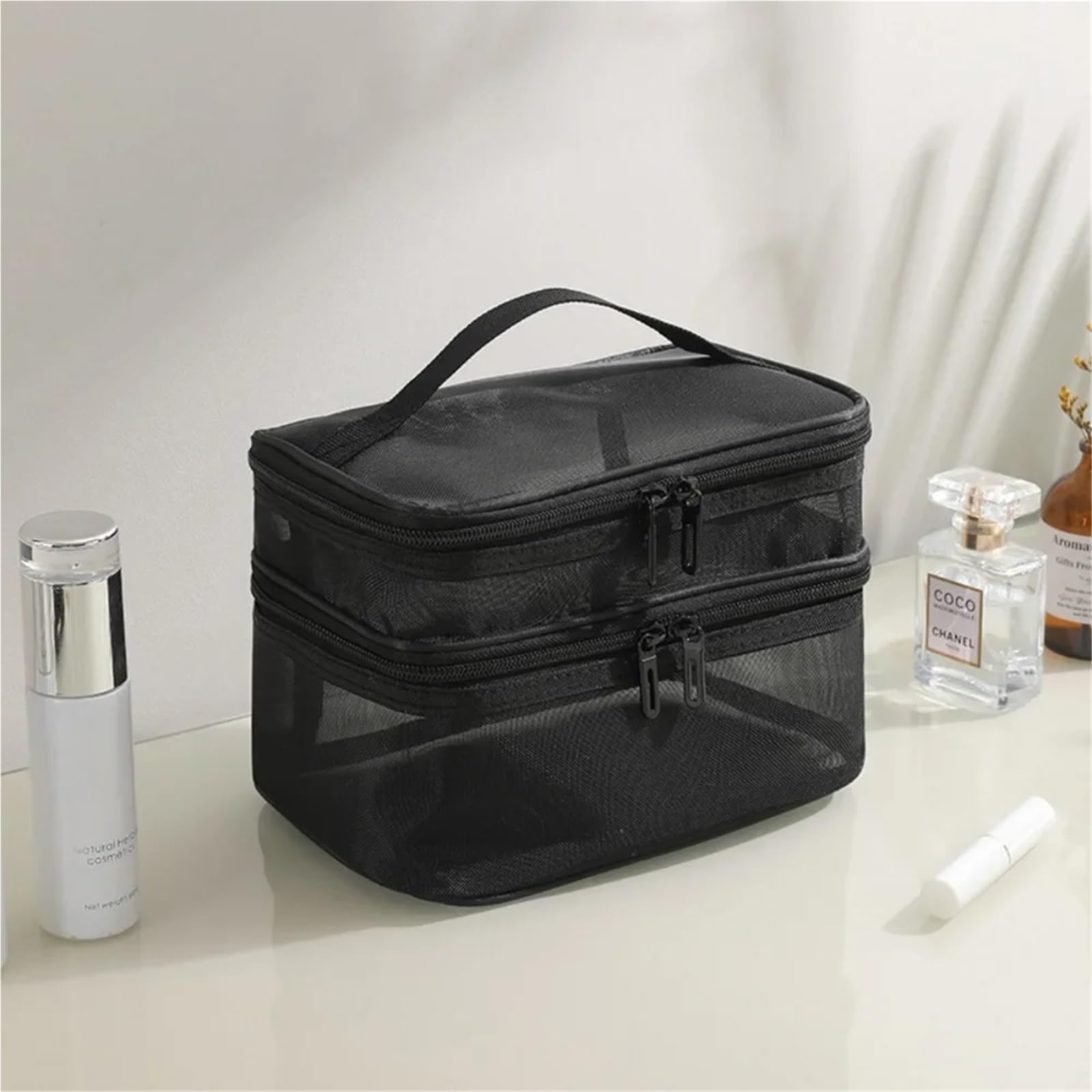 Bolsa organizadora de cosméticos Viaje, Bolsa Almacenamiento con Cremallera Malla Plegable Transparente, Kit Lavado Maquillaje Gran Capacidad, 1 Uds para Viajar(Black)