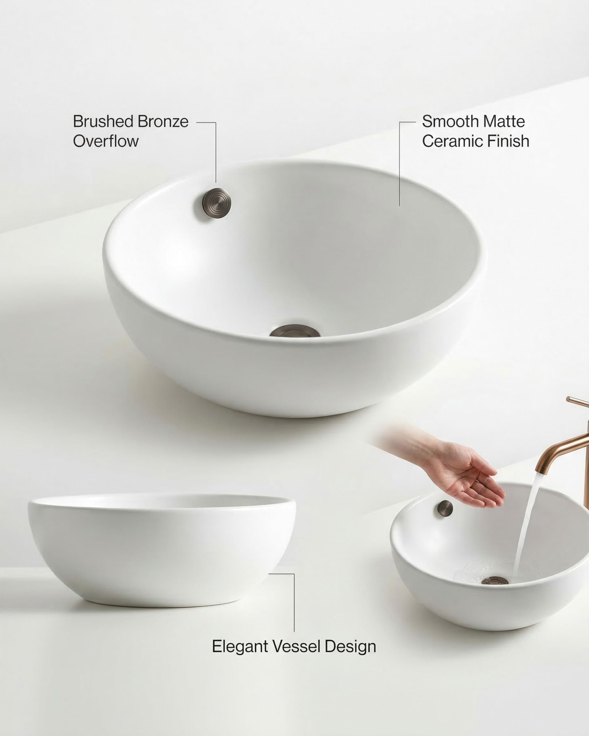 DocciaSì® - Lavabo da Appoggio in Ceramica Bianca Rotondo 43,5x16 cm, Lavandino Bagno da Appoggio Moderno per Mobile o Piano d’Appoggio, Design Minimal e Superficie Lucida Facile da Pulire
