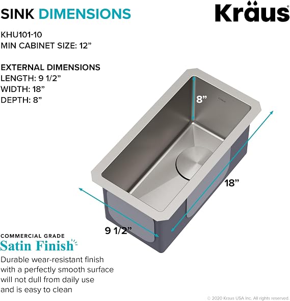 KRAUS Standart Pro 10-inch Undermount Single Bowl 16 Gauge Stainless Steel Bar Kitchen Sink, KHU101-10