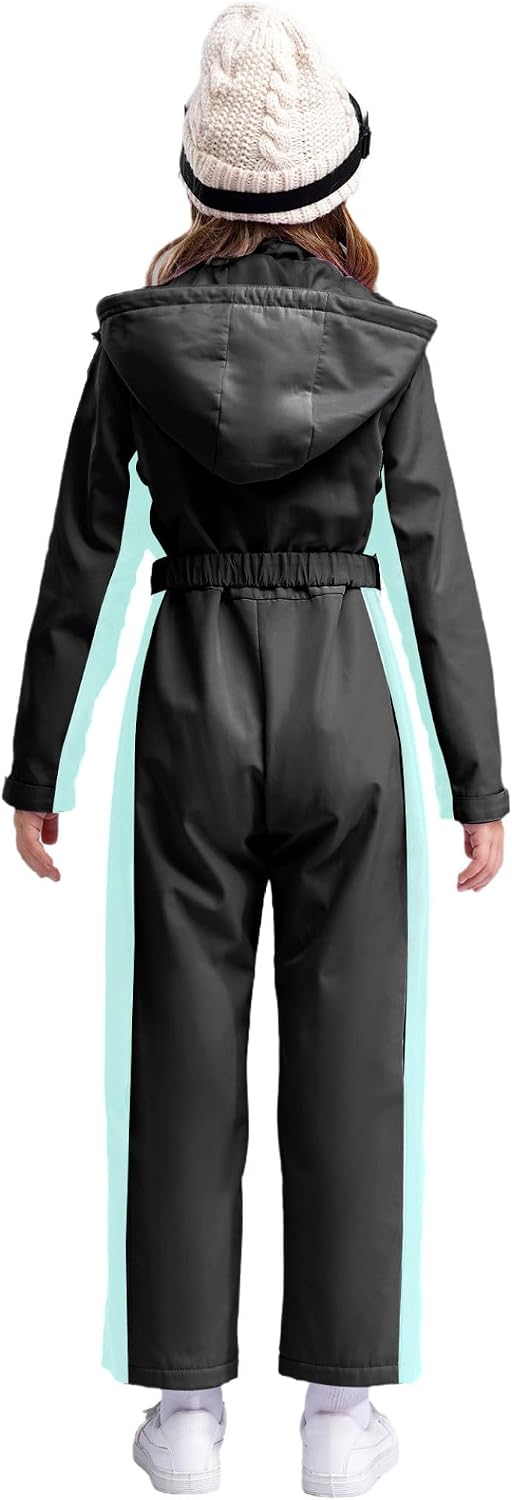 Jugaoge Kids Girls Ski Suit One Piece Snowboarding Jumpsuits Hooded Waterproof Snowsuit for Snow Sports Black 6 Years