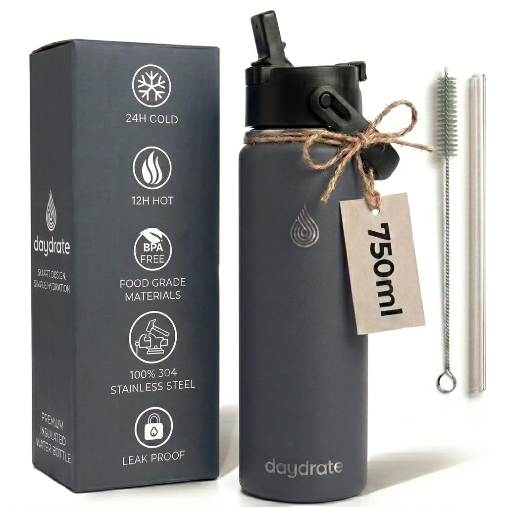 daydrate Insulated Metal Water Bottle with Straw 750ml- Stainless Steel Water Bottle, BPA Free, Dual Lid Straw & Spout, Leakproof, 24 Hours Cold & Hot, Work, Travel, Gym Bottle for Men & Women - Grey โ image 1