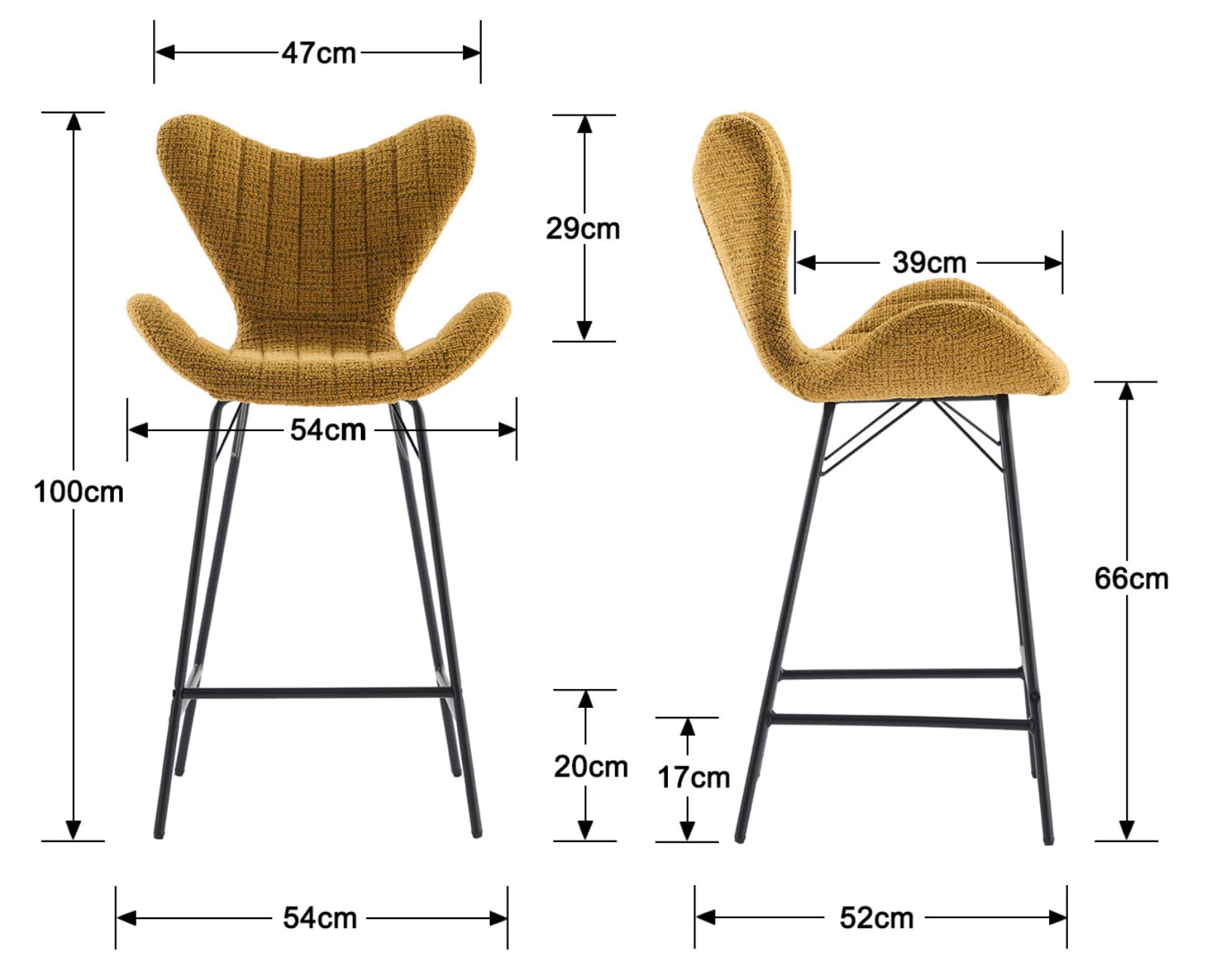 Lot de 2 Tabourets de Bar en Chenille Moderne Tabourets Hauts avec Pieds en Métal Chaises de Bar avec Dossier Unique pour Cuisine, Jaune