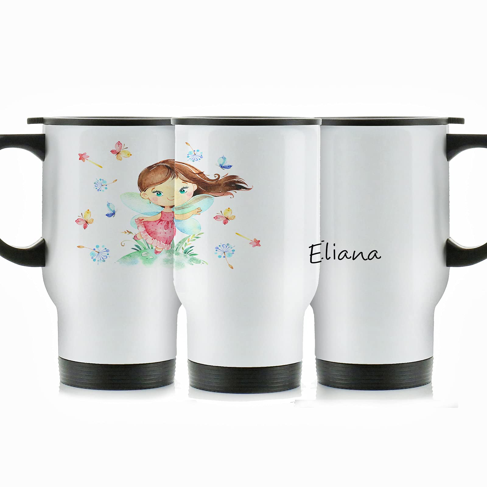 Hairyworm Personalised Travel Mug, 400ml White Stainless Steel Travel Mug with Handle, Customised with Initial/Name, Butterfly Hill Fairy Design Print