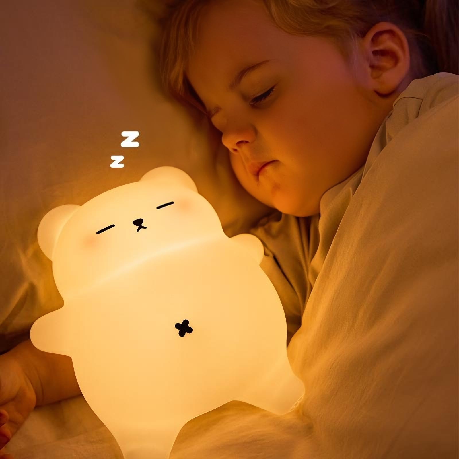 Sleeping Snoring Bear Night Light, 3-Level Dimmable Nursery Lamp, 30Min Timer, Rechargeable Type-C, BPA-Free Silicone for Kids Bedroom Decor