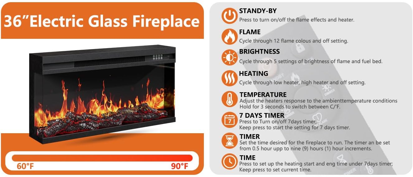 Diagram of 36-inch electric glass fireplace controls and features