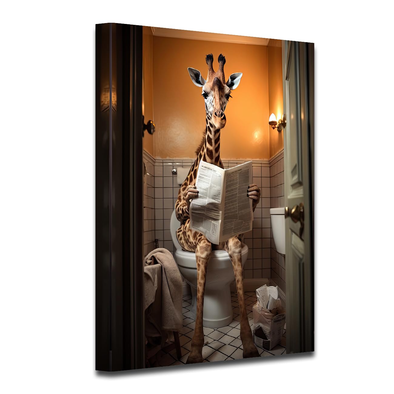 CXHOSTENT Bathroom Wall Decor Giraffe Sitting on Toilet Reading Newspaper Canvas Prints Funny Animal Bathroom Picture for Restroom Baby Room Decor (A-2