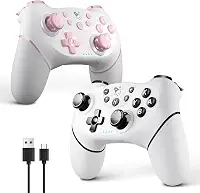 Controle Pro Sem Fio para Nintendo Switch/Lite/OLED/Switch 2/PC – Pacote com 2 – Joystick Hall Effect com Wake-Up, Dupla Vibração, Turbo, Ergonômico (Branco + Rosa)