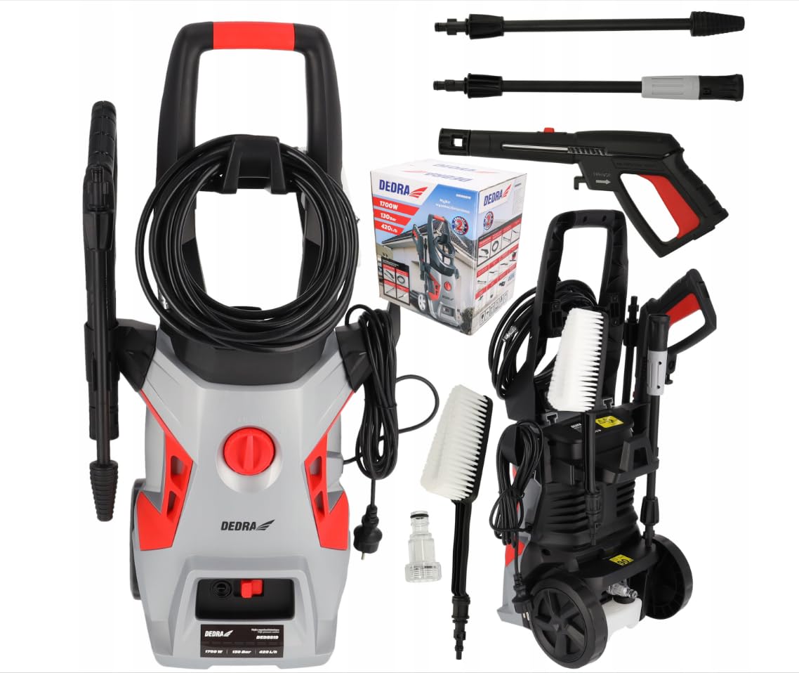 Dedra 1700 W, 120/180 Bar, 420 l/h, Bomba de Aluminio, depósito de detergente Integrado, Apagado automático, Manguera Larga y Flexible de 6 m