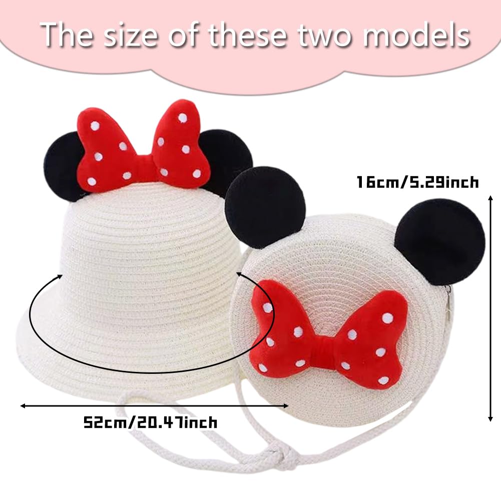 OPVXZADEnsemble Chapeau en Paille et Sac à Main pour Filles,Chapeau de Soleil Ensembleavec Design Noeud d'oreille de Rat pour 4-8 Ans Vacances Plage Voyage Randonée