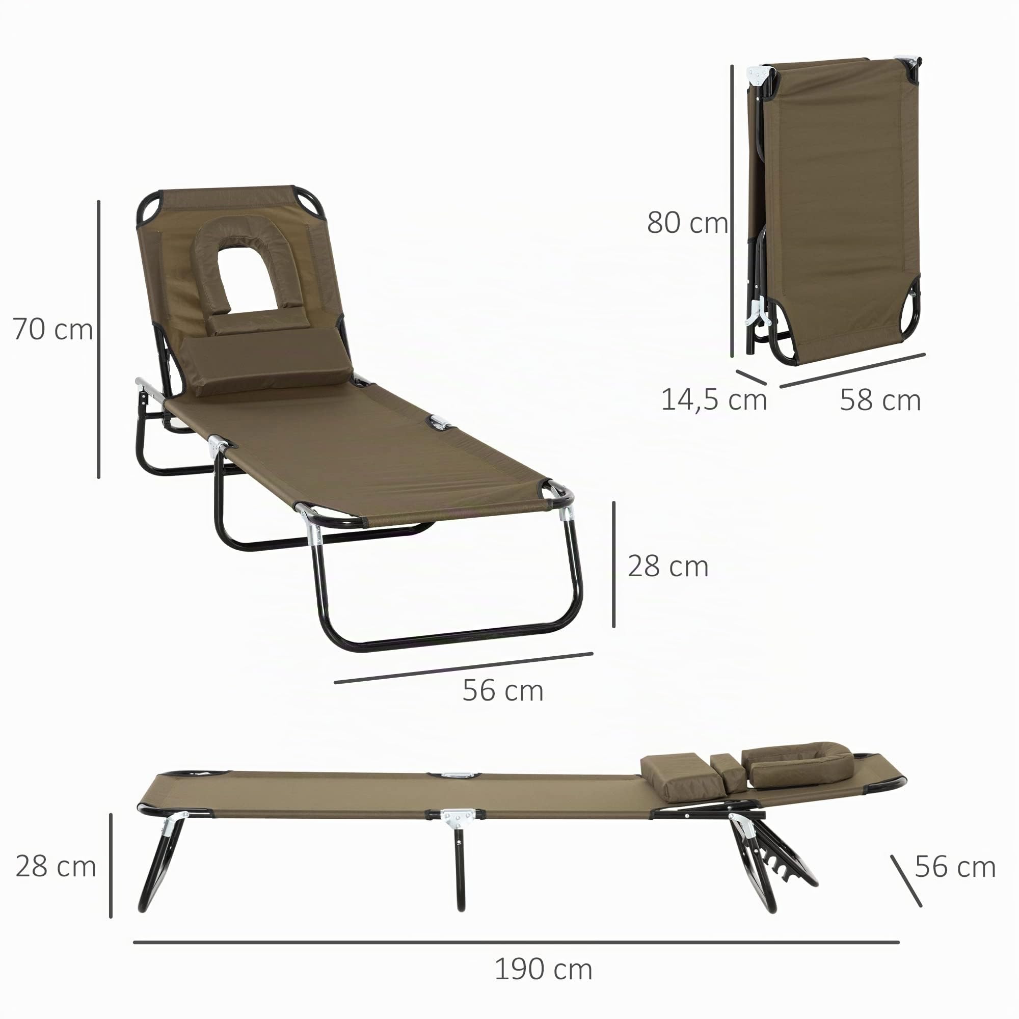 Outsunny Bain de Soleil Chaise Longue Pliante 190x56x28cm Marron | Appuie-Tête, Trou de Lecture, Transat Inclinable 4 Positions, Oxford 600D, Jardin Extérieur, Camping, Piscine, Terrasse