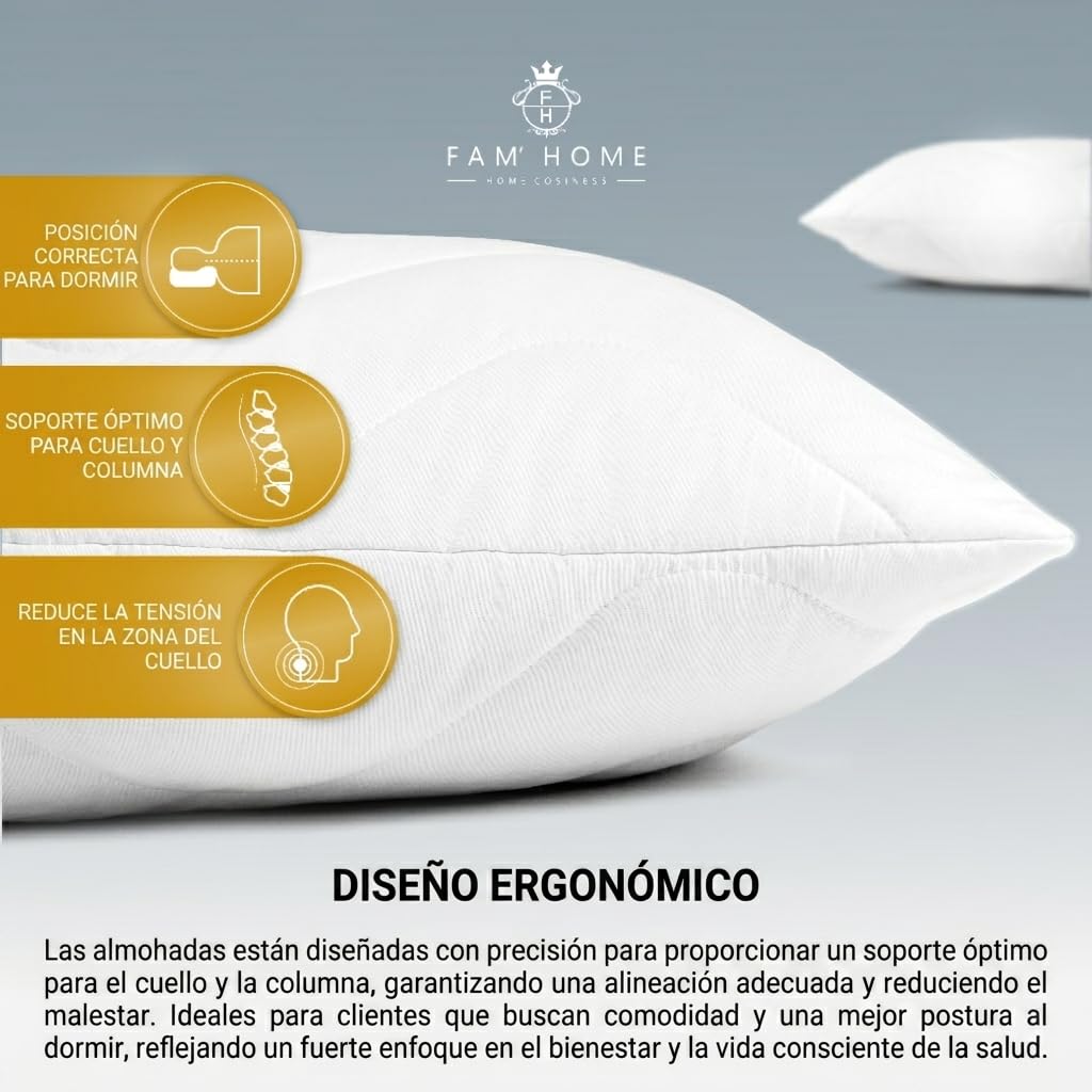 FAM' Home - Juego de 2 Almohadas hipoalergénicas de Lujo, 50 x 70 cm, Relleno de Volumen (720 g), Almohada ergonómica Blanca, fácil Cuidado, Almohada de 50 x 70 cm, Lavable hasta 95 °C, Transpirable