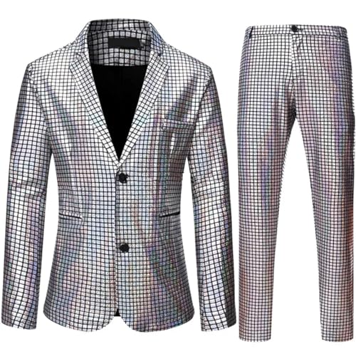 Mens Stage Prom Suits Plaid Sequin Jacket Pants4